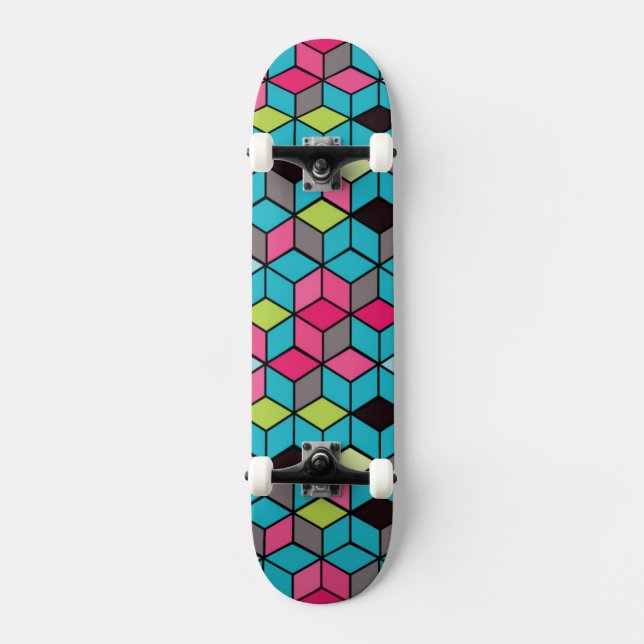 Turqouise and Pink Cube Pattern Skateboard (Front)