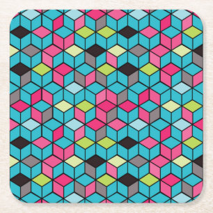 Turqouise and Pink Cube Pattern Square Paper Coaster