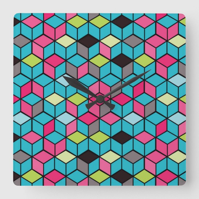 Turqouise and Pink Cube Pattern Square Wall Clock (Front)