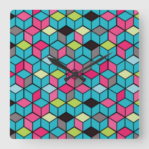 Turqouise and Pink Cube Pattern Square Wall Clock
