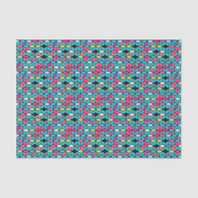Turqouise and Pink Cube Pattern Tissue Paper (Front)