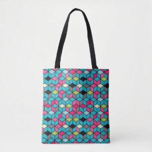 Turqouise and Pink Cube Pattern Tote Bag
