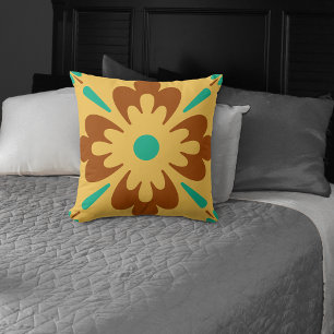 Turqouise Brown And Yellow Spanish Tile Pattern Throw Pillow
