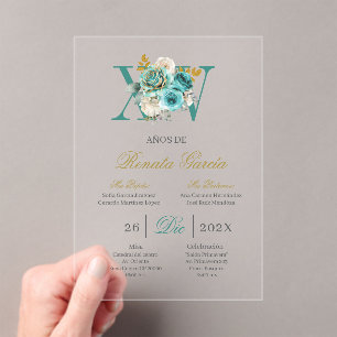 Turqouise floral acrylic quinceañera invitation
