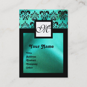 TURQUASE BLUE SILK DAMASK CLOTH ,SQUARE MONOGRAM BUSINESS CARD