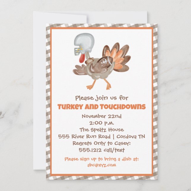 Turquie et Touchdowns Thanksgiving Invitation (Devant)