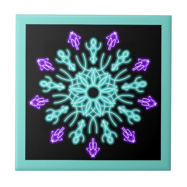 Turquiose and purple neon flower tile (Front)