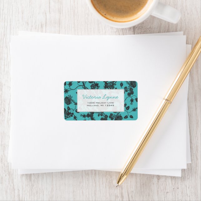 Turquiose Aqua Black Roses Return Address Label (Insitu)