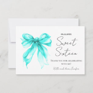 Turquiose Bow Coquette Script Sweet 16 Thank You  Card