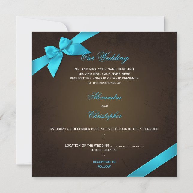 Turquiose Ribbon on Brown Grunge Wedding Invitation (Front)