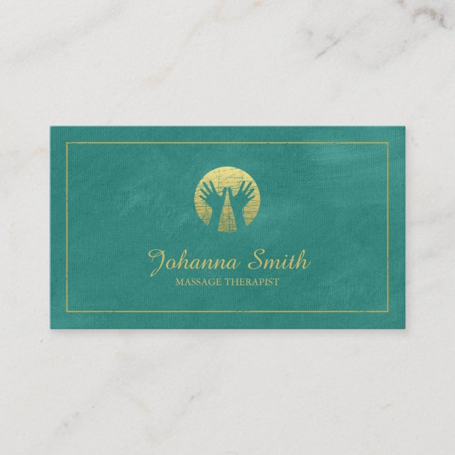 Turquois Canvas, Gold Frame, Hands Massage Therapy Appointment Card (Front)