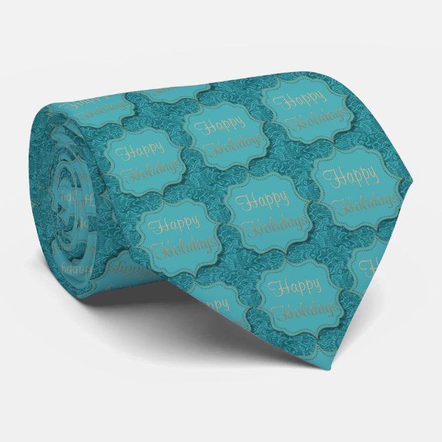 Turquois Leather Print Neck Tie Happy Holidays (Rolled)
