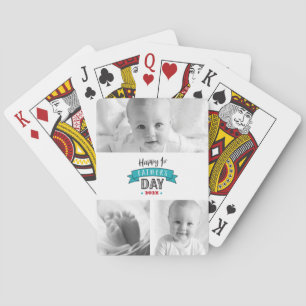 Turquoise 3 Photo Collage Happy 1st Father’s Day Playing Cards