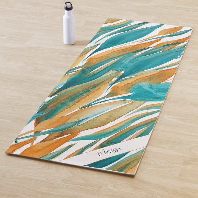 Turquoise Abstract Fall Art Monogrammed Yoga Mat (In Situ)