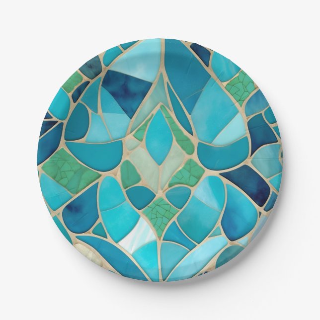Turquoise Abstract Mosaic with Art Deco style Paper Plate (Front)