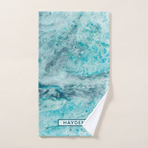 Turquoise Abstract Paint Pour Art Monogram Hand Towel