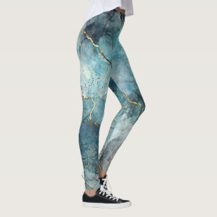 Turquoise Abstract Watercolor Gold Glitter Leggings