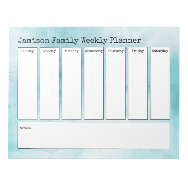 Turquoise Abstract Watercolor Weekly Planner Notepad (Front)