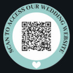 Turquoise Access Wedding Website Heart QR Code Classic Round Sticker<br><div class="desc">Wedding website QR code sticker in black,  turquoise,  and white with curved text and a white heart. Cute black,  turquoise,  and white wedding QR code sticker.</div>