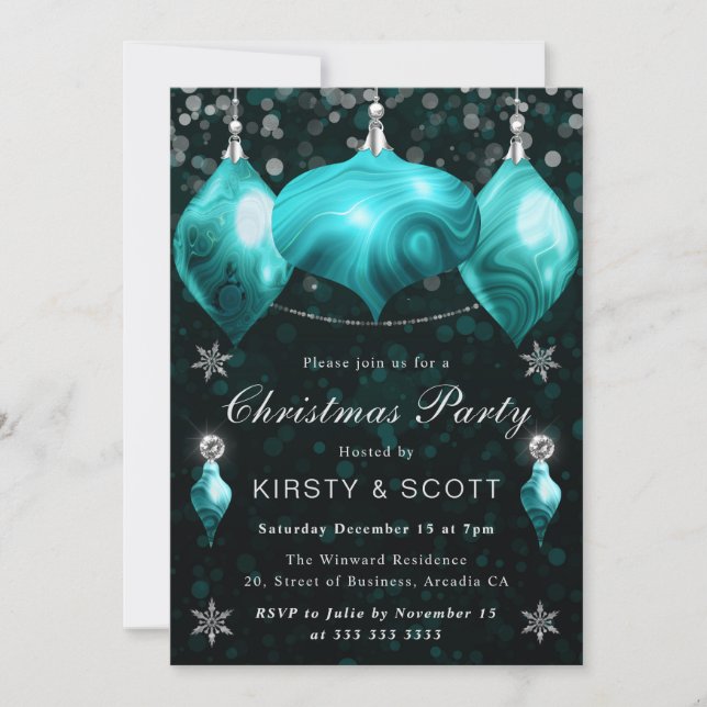 Turquoise Agate Baubles Christmas Dinner Party Invitation (Front)