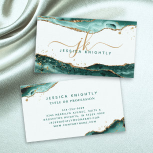 Turquoise Agate Faux Gold Glitter Monogram Script Business Card