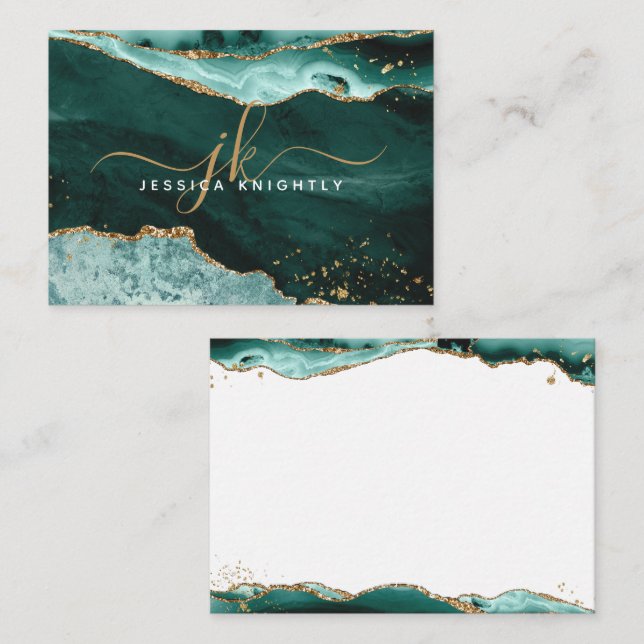 Turquoise Agate Geode Gold Glitter Monogram Script Card (Front/Back)