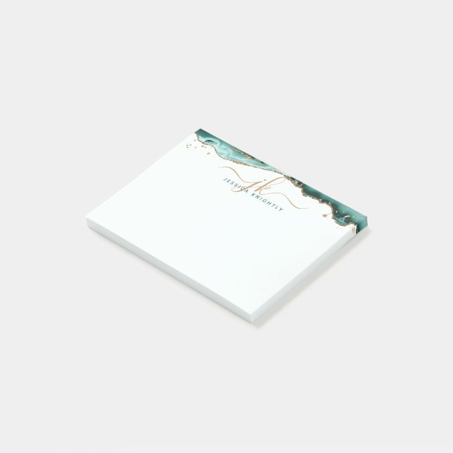 Turquoise Agate Geode Gold Glitter Script Monogram Post-it Notes (Angled)
