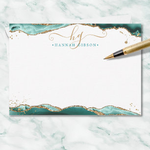 Turquoise Agate Geode Monogram Script Gold Glitter Card