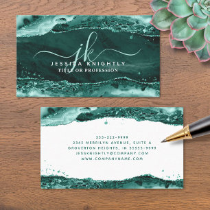 Turquoise Agate Glitter Monogram Script Swash Business Card