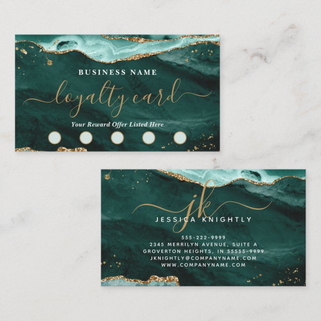 Turquoise Agate Gold Glitter Script 5 Punch Loyalty Card (Front/Back)