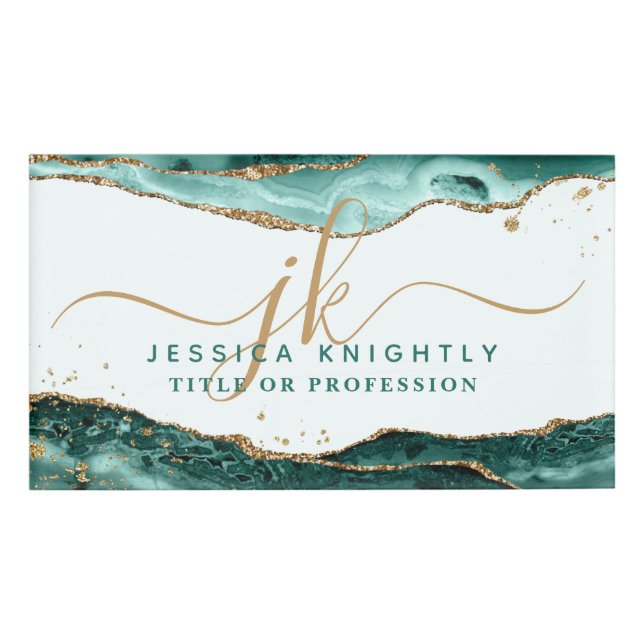Turquoise Agate Gold Glitter Script Monogram Name Tag (Front)