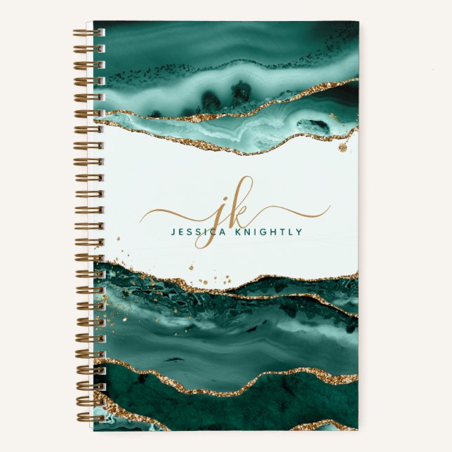 Turquoise Agate Gold Glitter Script Monogram Notebook (Front)