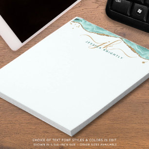 Turquoise Agate Gold Glitter Script Monogram Notepad