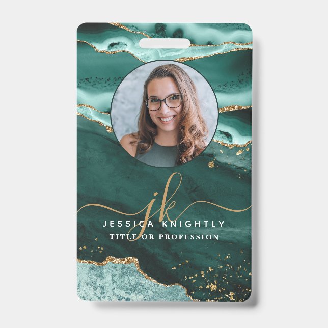 Turquoise Agate Gold Glitter Script Monogram Photo Badge (Front)