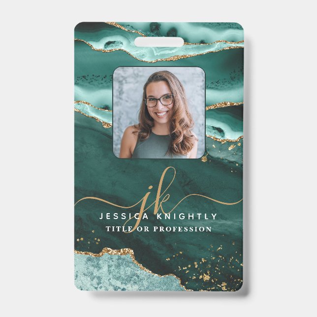 Turquoise Agate Gold Glitter Script Monogram Photo Badge (Front)