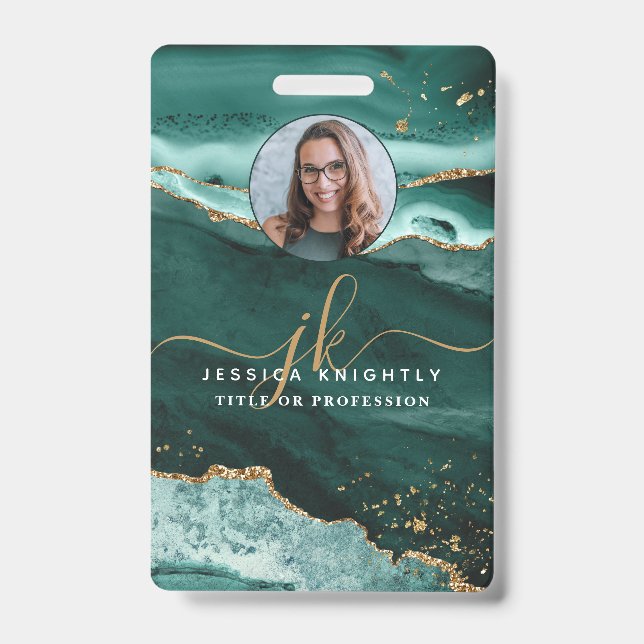 Turquoise Agate Gold Glitter Script Monogram Photo Badge (Front)