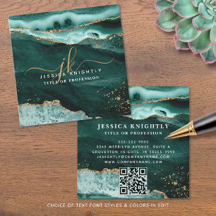 Turquoise Agate Gold Glitter Script Monogram QR Square Business Card