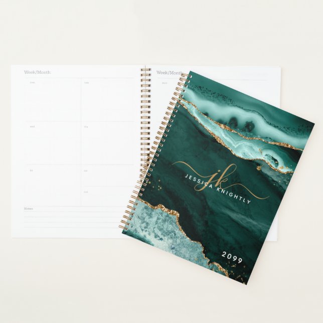 Turquoise Agate Gold Glitter Script Monogram Swash Planner (Display)