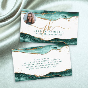 Turquoise Agate Gold Script Monogram Photo Business Card