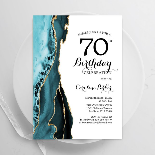 Turquoise Agate Gold White 70th Birthday Invitation (Creator Uploaded)