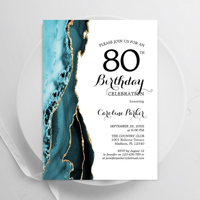 Turquoise Agate White Gold 80th Birthday Invitation (Creator Uploaded)