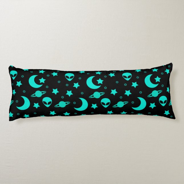 Turquoise Alien Pattern with Stars and Moons Body Pillow (Back)