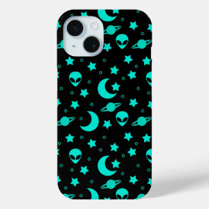 Turquoise Alien Pattern with Stars and Moons iPhone 15 Case