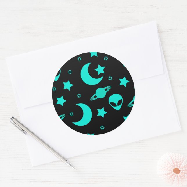 Turquoise Alien Pattern with Stars and Moons Classic Round Sticker (Envelope)