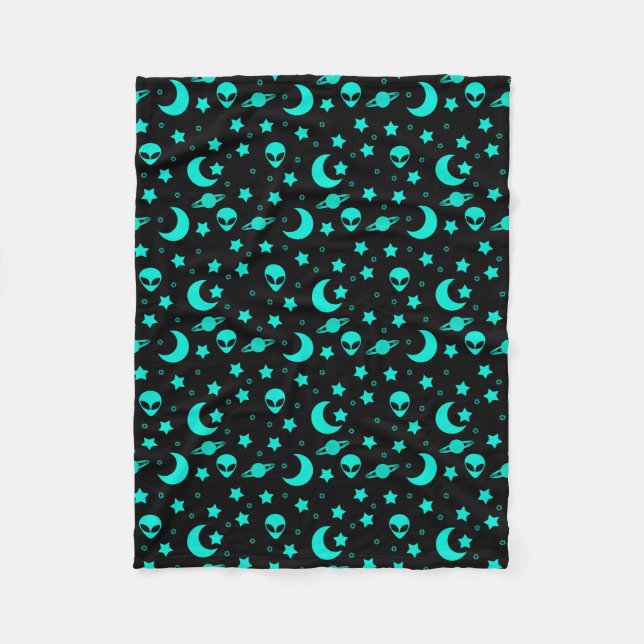 Turquoise Alien Pattern with Stars and Moons Fleece Blanket (Front)