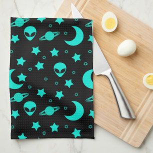 Turquoise Alien Pattern with Stars and Moons Kitchen Towel