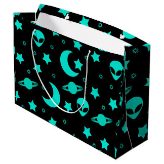 Turquoise Alien Pattern with Stars and Moons Large Gift Bag