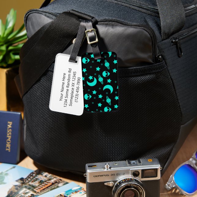 Turquoise Alien Pattern with Stars and Moons Luggage Tag (Front & Back)