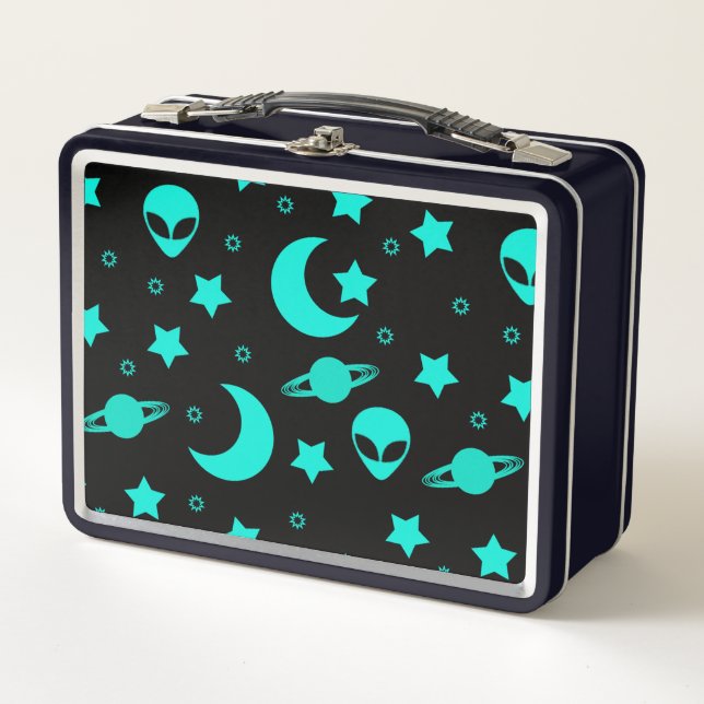 Turquoise Alien Pattern with Stars and Moons Metal Lunch Box (Front)