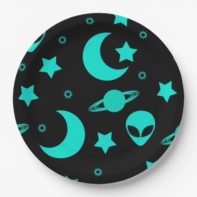 Turquoise Alien Pattern with Stars and Moons Paper Plate (Front)